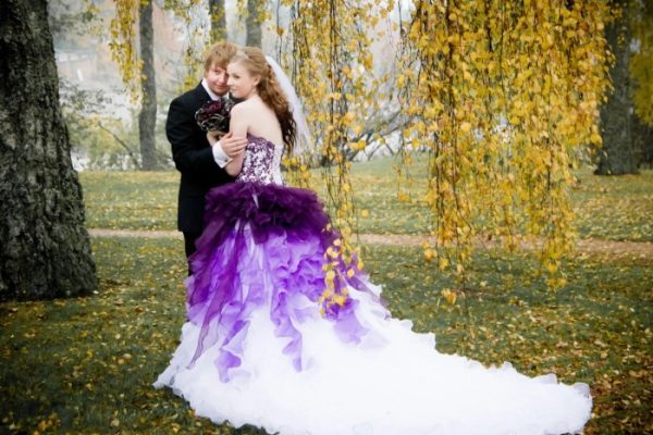 Ivory and purple wedding dress