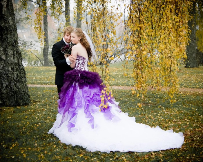 Ivory and purple wedding dress